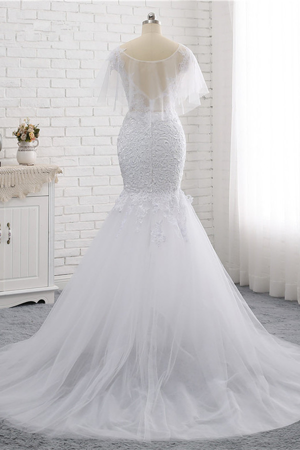 Mermaid Jewel Neck Sleeveless Floor-length Tulle Wedding Gown With Appliques 2