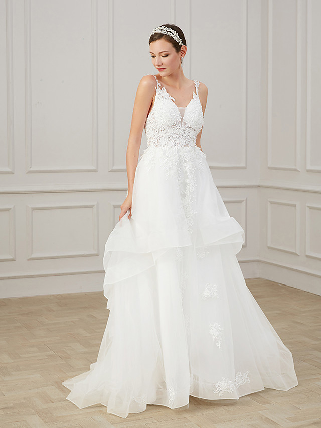 A-line V-neck Sleeveless Sweep / Brush Train Lace Bridal Gown With Lace 4