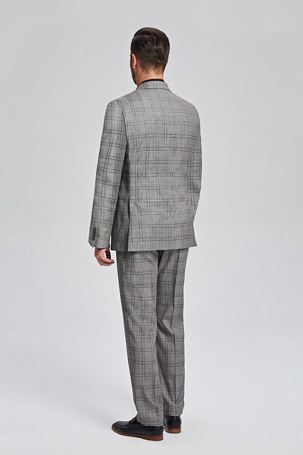 Grey Double Breasted Wool Blend Men's Business Suit with Peak Lapel and Checked Pattern 3