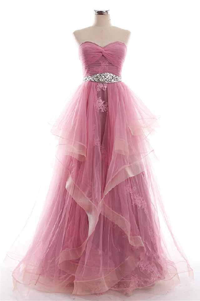 A-line Sweetheart Neck Sleeveless Floor-length Tulle Formal Dress With Crystal 1
