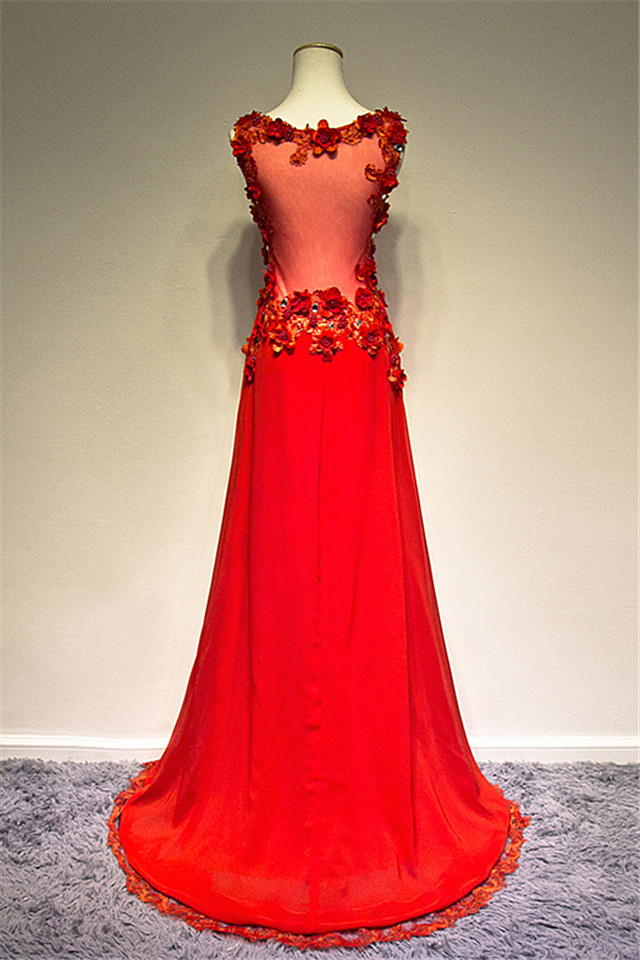 A-line V-neck Sleeveless Sweep / Brush Train 100D Chiffon Formal Wear With Appliques 2
