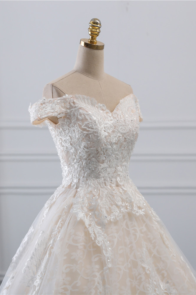 A-line Off-the-shoulder Sweetheart Neck Floor-length Tulle Wedding Dress With Lace 5