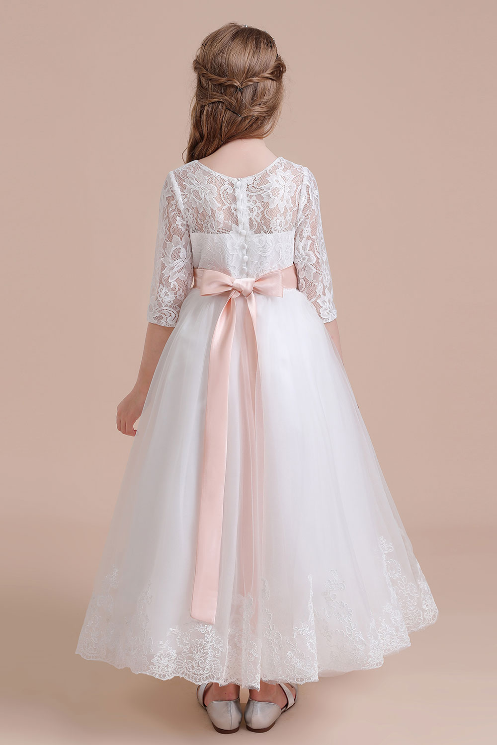 A-line Sweetheart Neck Jewel Neck 3/4-Length Sleeves Ankle-length Tulle Flower Girl Dress With Ribbons 2