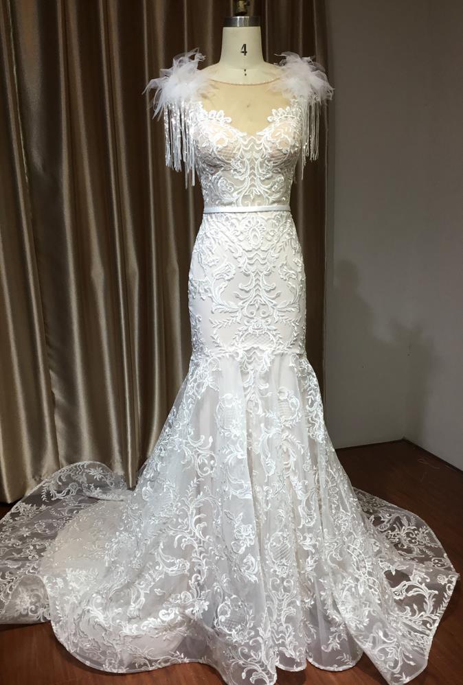 Mermaid Jewel Neck Sleeveless Cathedral Train Lace Wedding Gown With Crystal 2