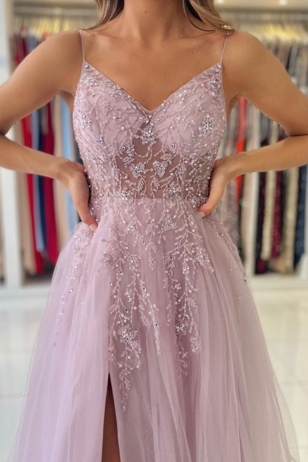 Column Spaghetti Straps Sleeveless Floor-length Tulle Evening Gown With Beading 7