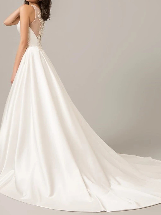 A-line V-neck Sleeveless Tulle Bridal Gown With Sweep / Brush Train 3