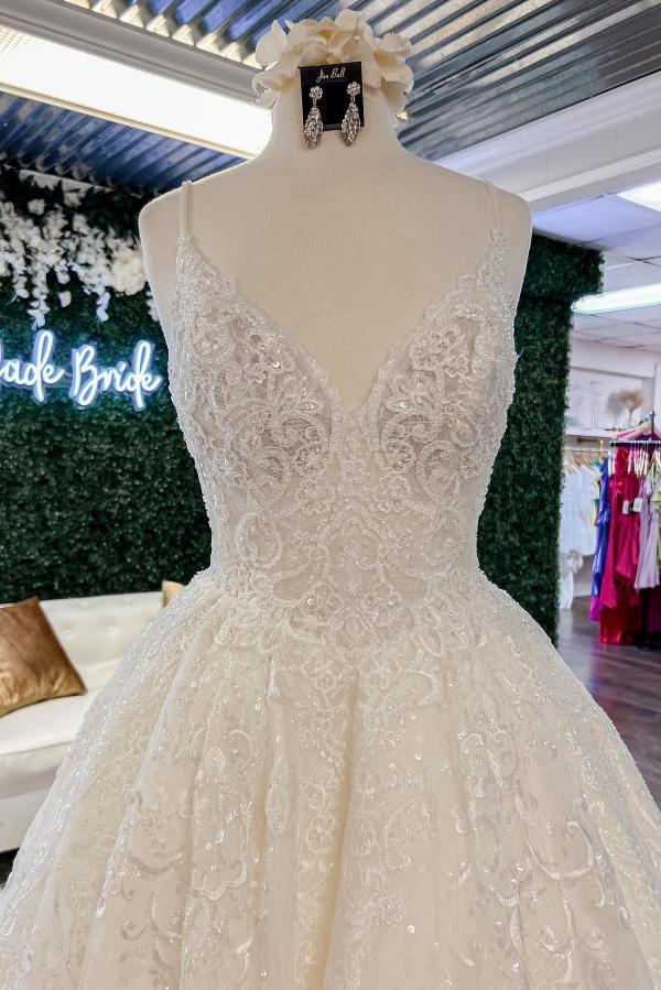 Sparkle Tulle Ball Gown with Intricate Lace Appliques and V-Neck 3