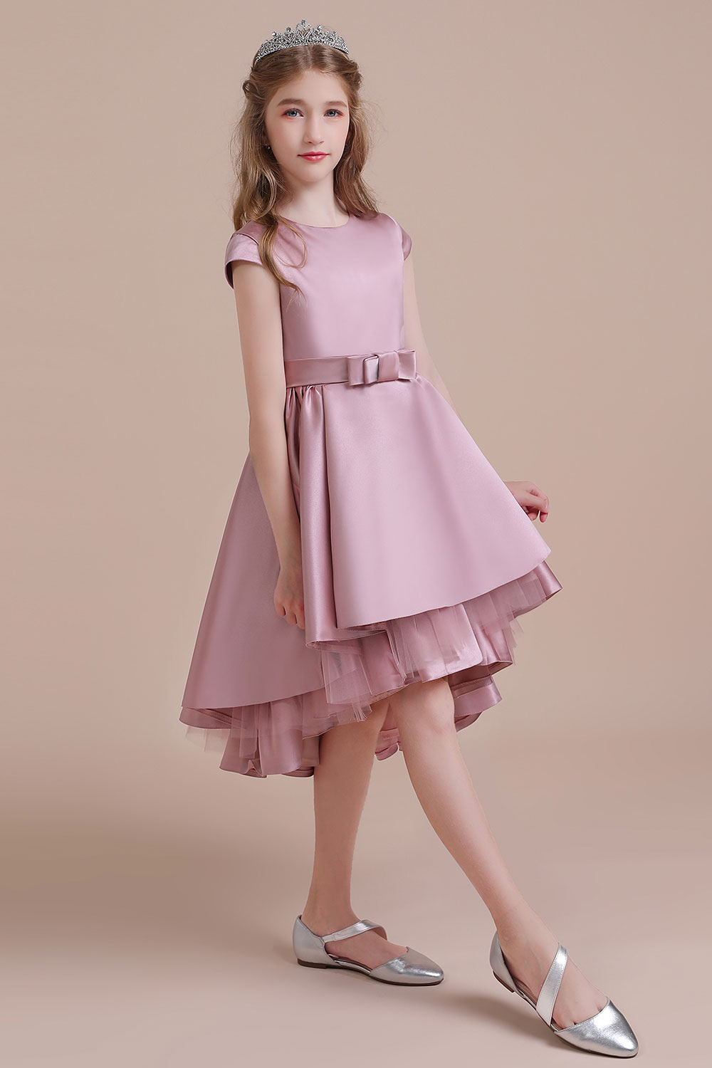 A-line Jewel Neck Short Sleeves Knee-length Tulle Flower Girl Dress With Ribbons 5