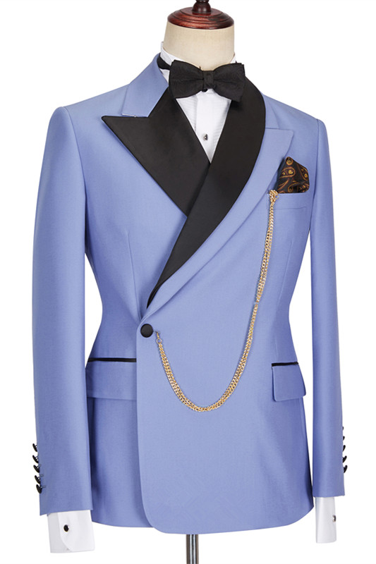 Blue Single Breasted Men's Suit with Peaked Lapel for Prom 3