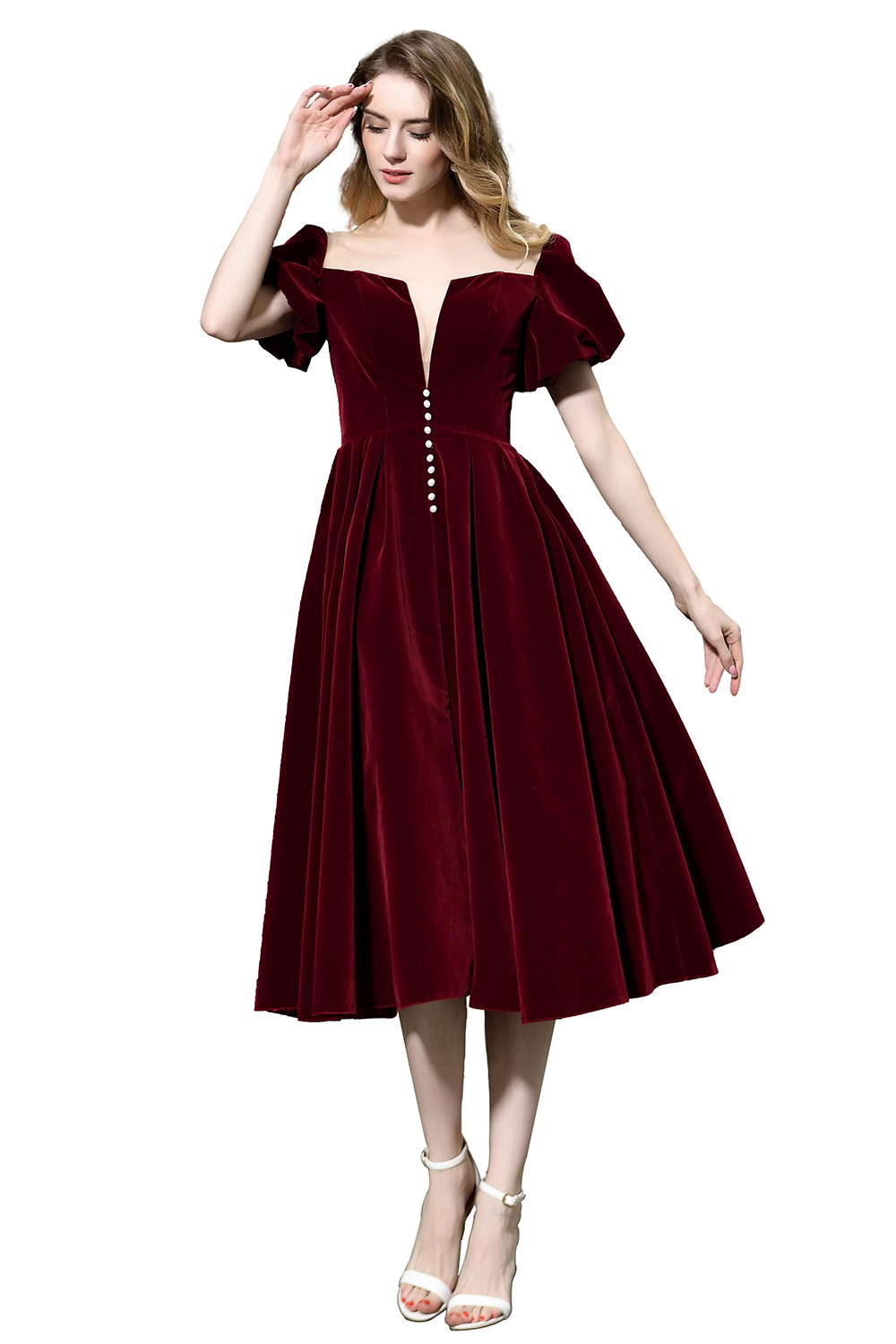 A-line Jewel Neck Short Sleeves Tea-length Velvet Homecoming Dress With Pearls 12