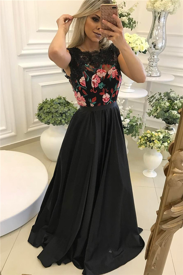 A-line Bateau Neck Sleeveless Floor-length Evening Gown With Flower(s) 4
