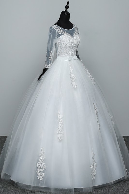 Jewel Neck 3/4-Length Sleeves Floor-length Tulle Bridal Gown With Appliques 3