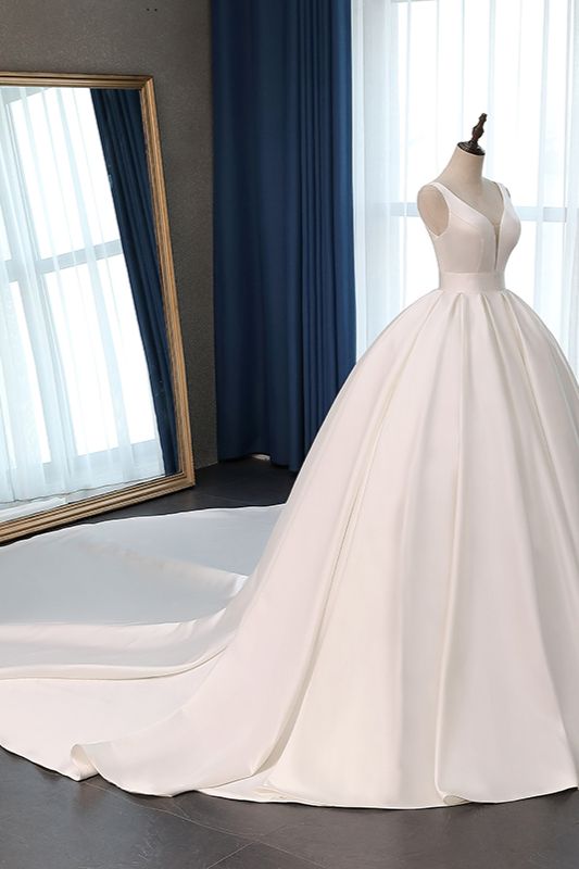 Ball Gown Plunging Neckline Sleeveless Floor-length Satin Wedding Dress With Ruffles 3