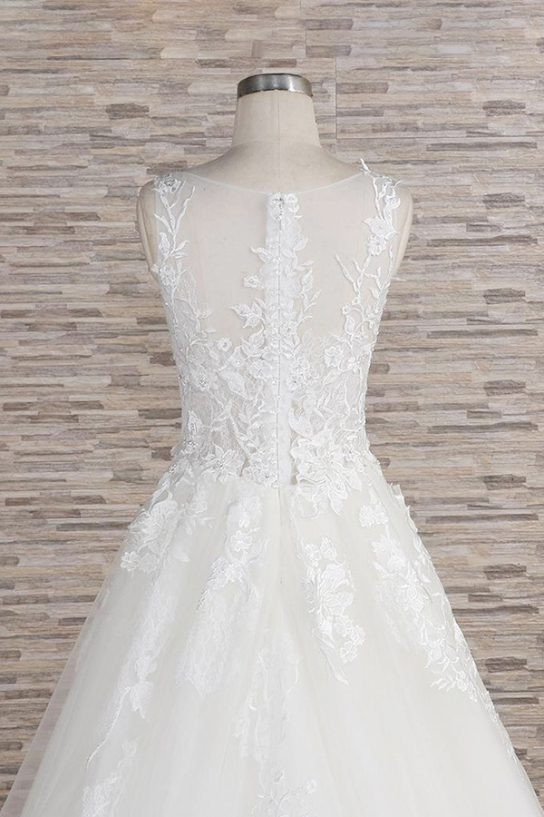 A-line Jewel Neck Sleeveless Court Train Tulle Bridal Gown With Appliques 6