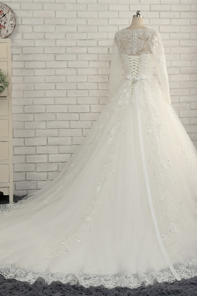 A-line Jewel Neck Long Sleeves Floor-length Tulle Wedding Dress With Sequins 2