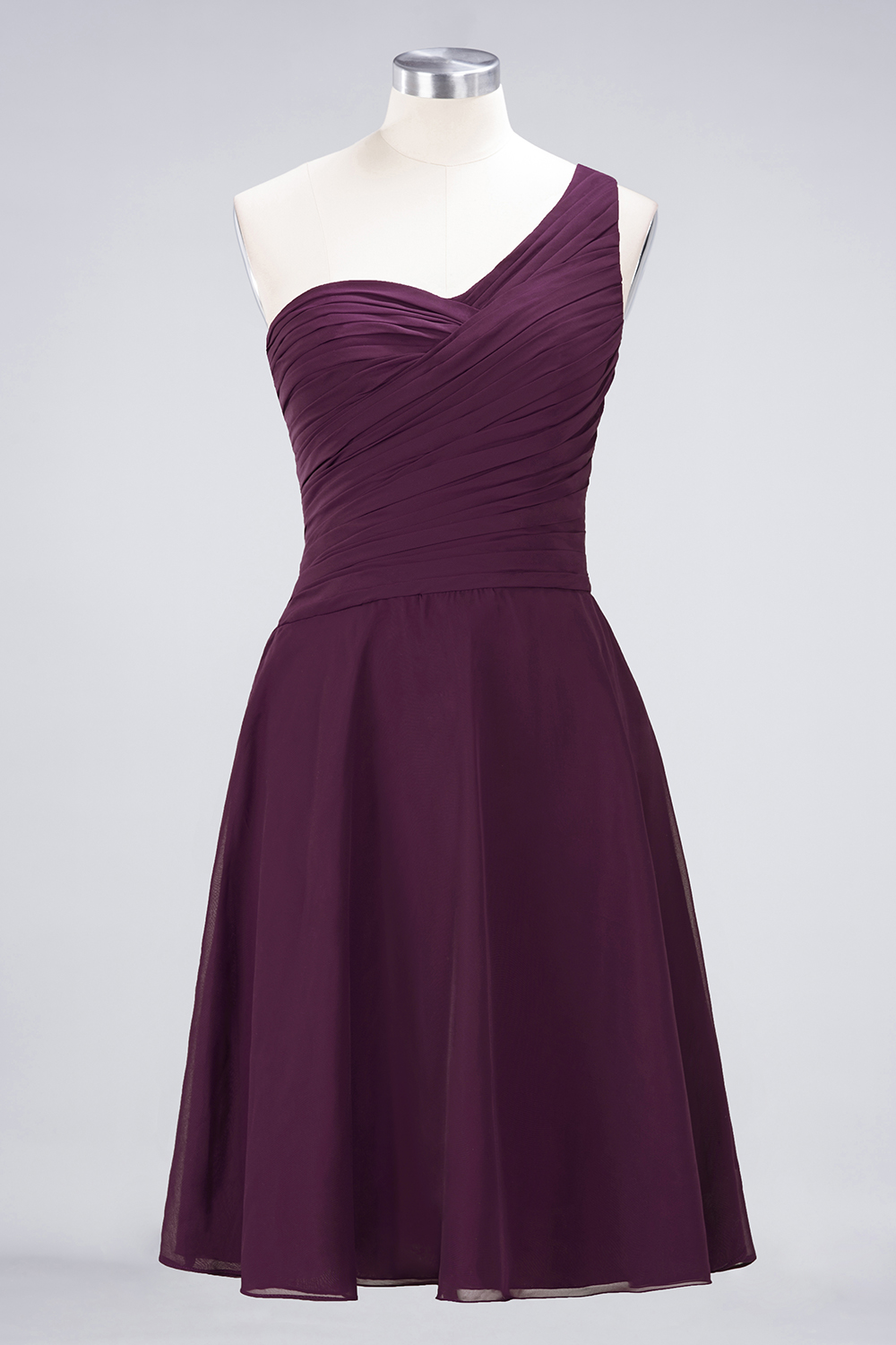 A-line One Shoulder Sweetheart Neck Sleeveless Knee-length 100D Chiffon Bridesmaid Attire With Ruffles 39