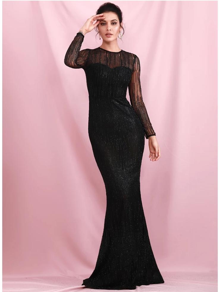 Column Jewel Neck Long Sleeves Floor-length Bright silk Evening Dress With Sequins 4