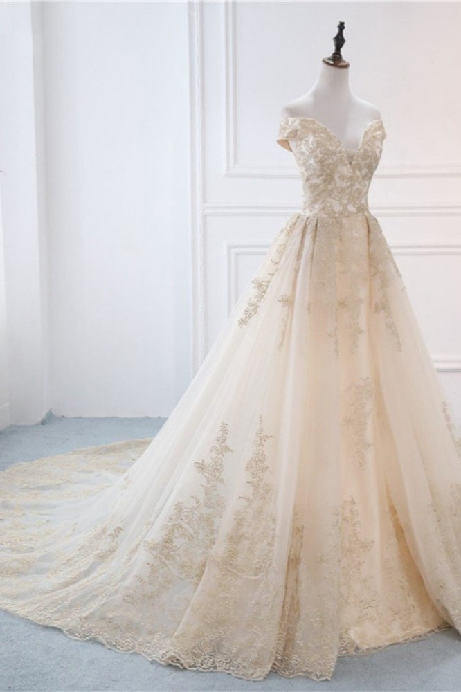 A-line Off-the-shoulder V-neck Sleeveless Floor-length Tulle Wedding Dress With Appliques 3