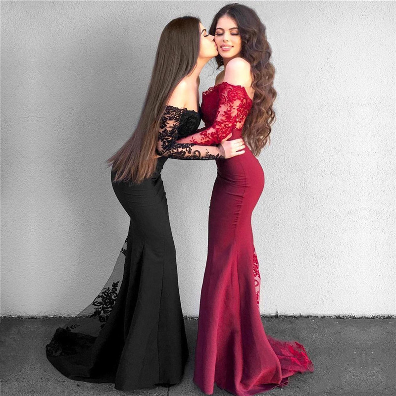Column Off-the-shoulder Sweep / Brush Train Evening Dress With Lace 3