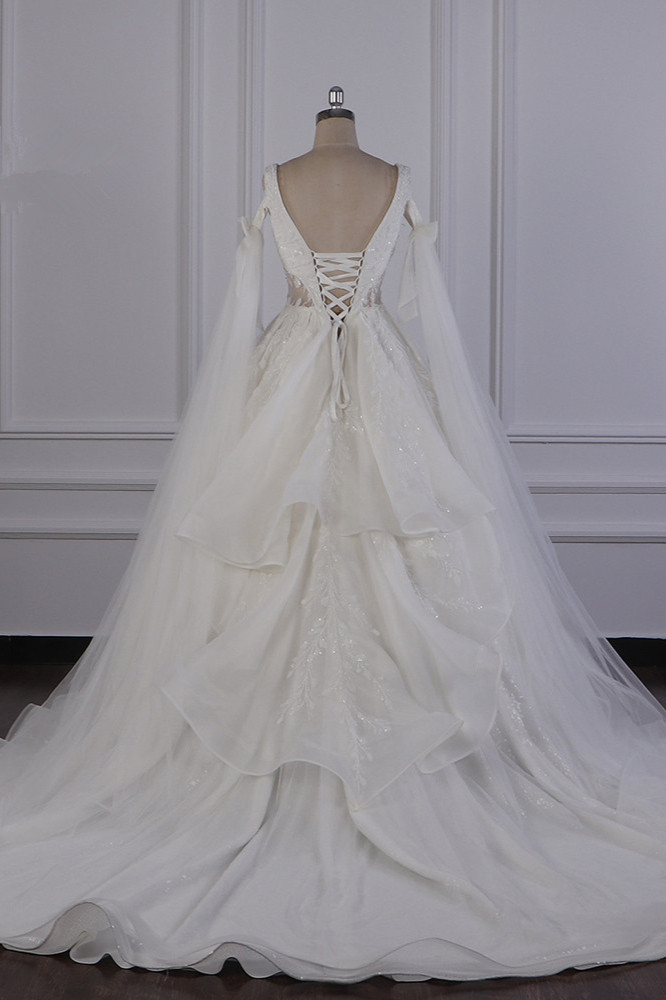 Ball Gown V-neck Sleeveless Floor-length Tulle Wedding Dress With Lace 2