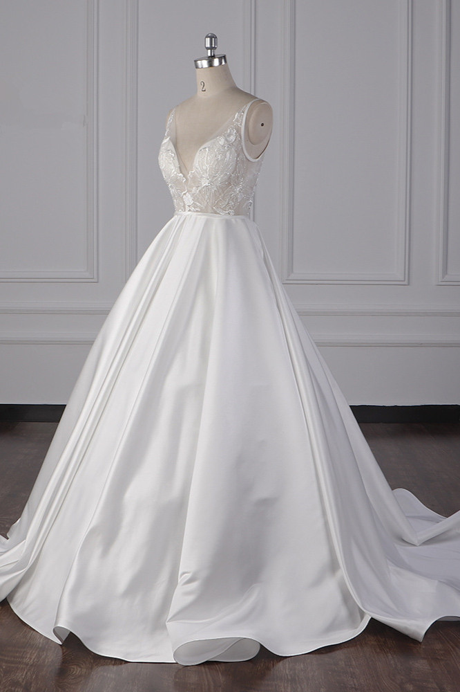 A-line Straps V-neck Sleeveless Floor-length Satin Wedding Dress With Appliques 3