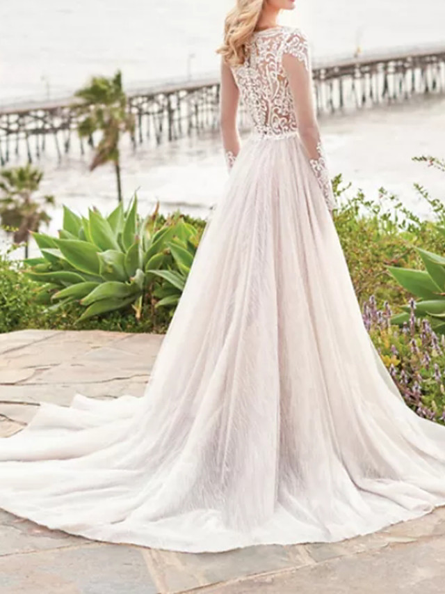 A-line V-neck Long Sleeves Sweep / Brush Train Tulle Wedding Gown With Buttons 4