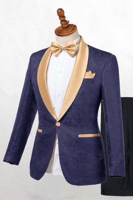 Dark Blue Jacquard Shawl Lapel Wedding Suit 2