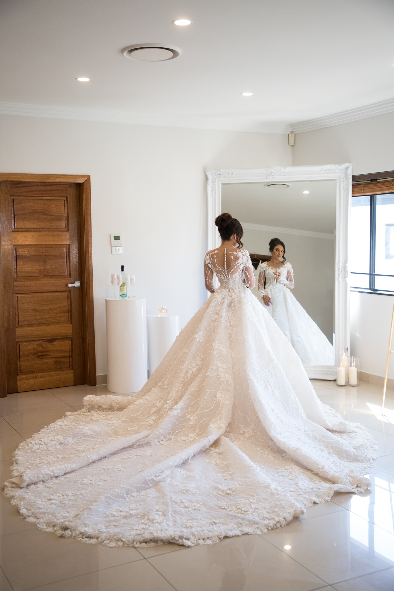 A-line V-neck Court Train Bridal Gown With Appliques 2