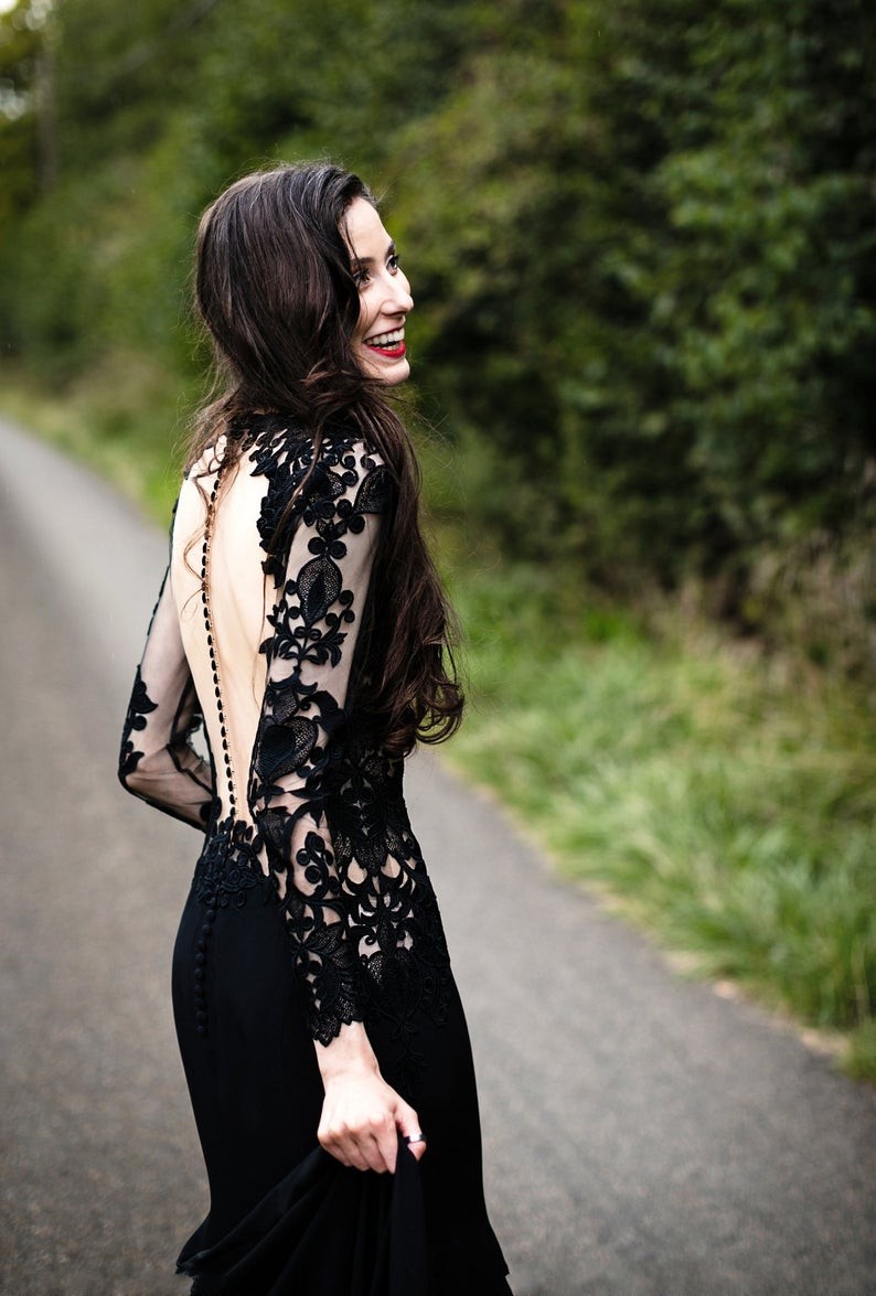 Mermaid Jewel Neck Long Sleeves Sweep / Brush Train Satin Wedding Gown With Lace 8