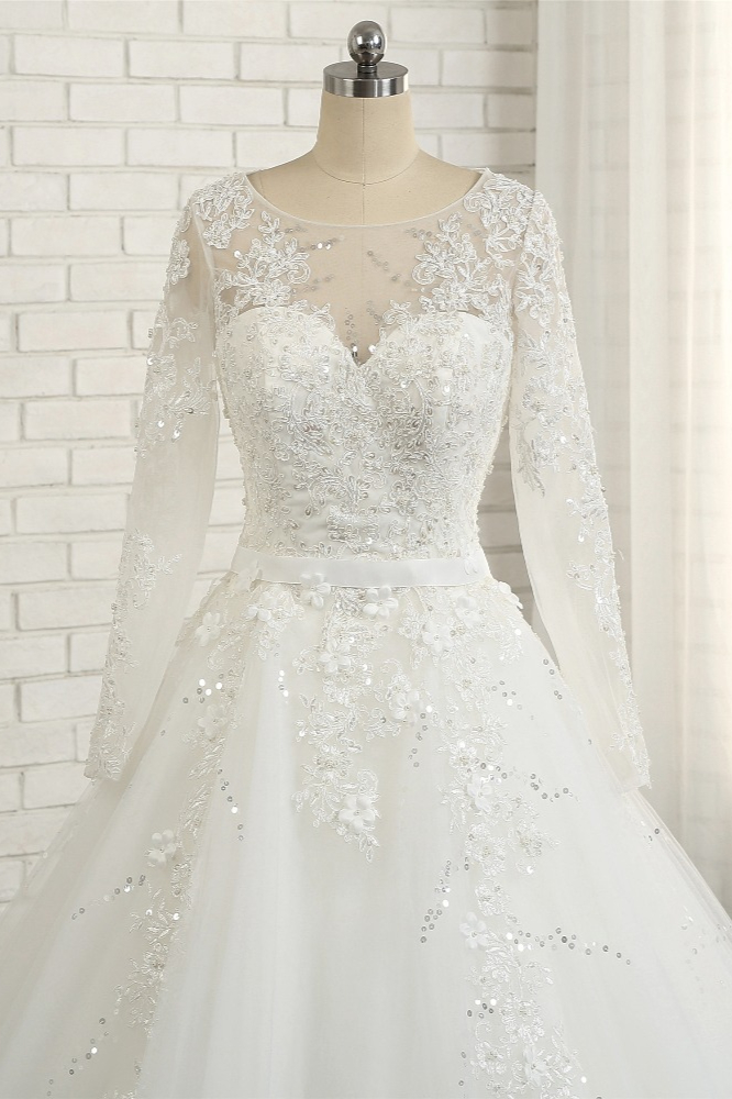 A-line Jewel Neck Long Sleeves Floor-length Tulle Wedding Dress With Sequins 5