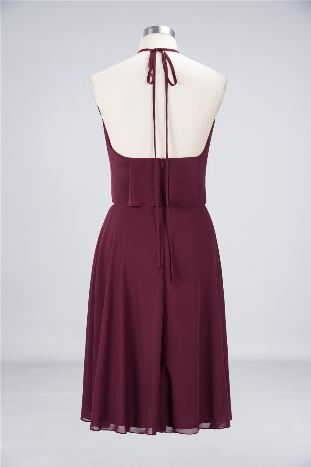 A-line Halter-neck Sleeveless Knee-length 100D Chiffon Bridesmaid Dress With Ruffles 2