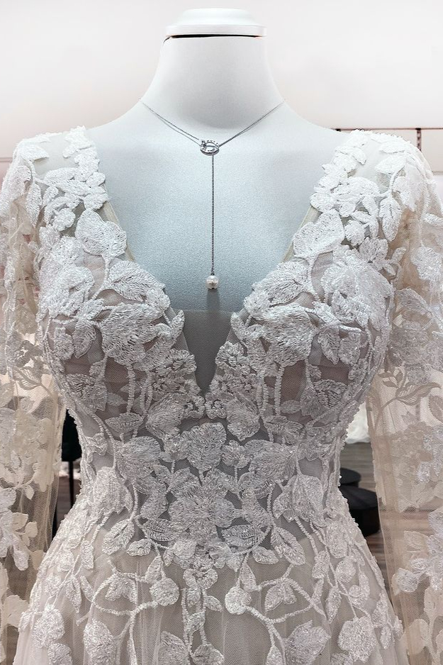 A-line V-neck Long Sleeves Sweep / Brush Train Tulle Bridal Gown With Ruffles 5