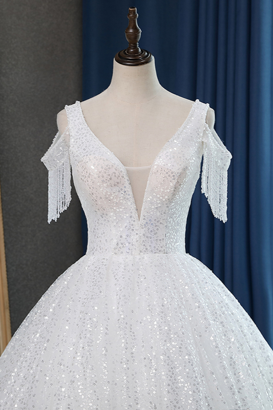 Ball Gown V-neck Short Sleeves Floor-length Tulle Bridal Dress With Sequins 3