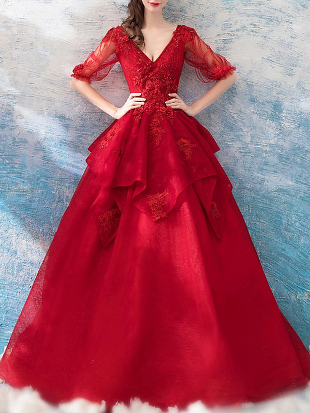 Ball Gown V-neck Half-Sleeves Floor-length Lace Bridal Dress With Lace 4