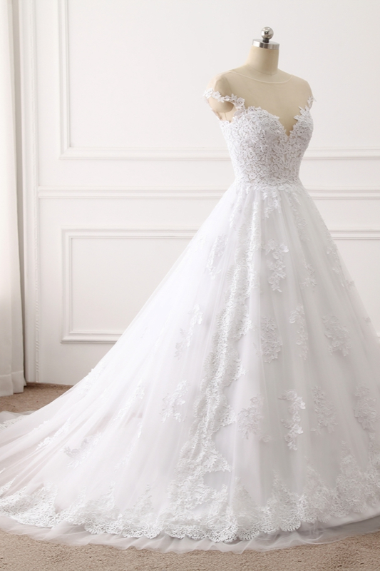 A-line Jewel Neck Sleeveless Floor-length Tulle Wedding Dress With Appliques 3