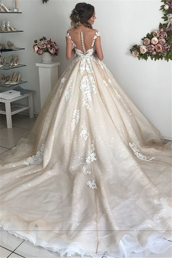 A-line Off-the-shoulder Sleeveless Sweep / Brush Train Bridal Gown With Appliques 3
