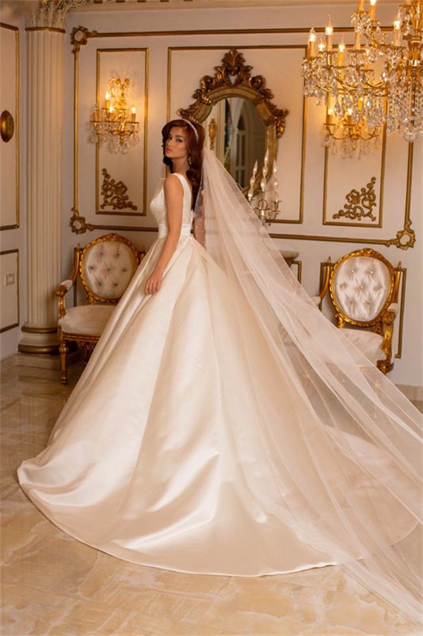 Elena Plunging V-Neck Mikado Satin Ball Gown with Pockets 2