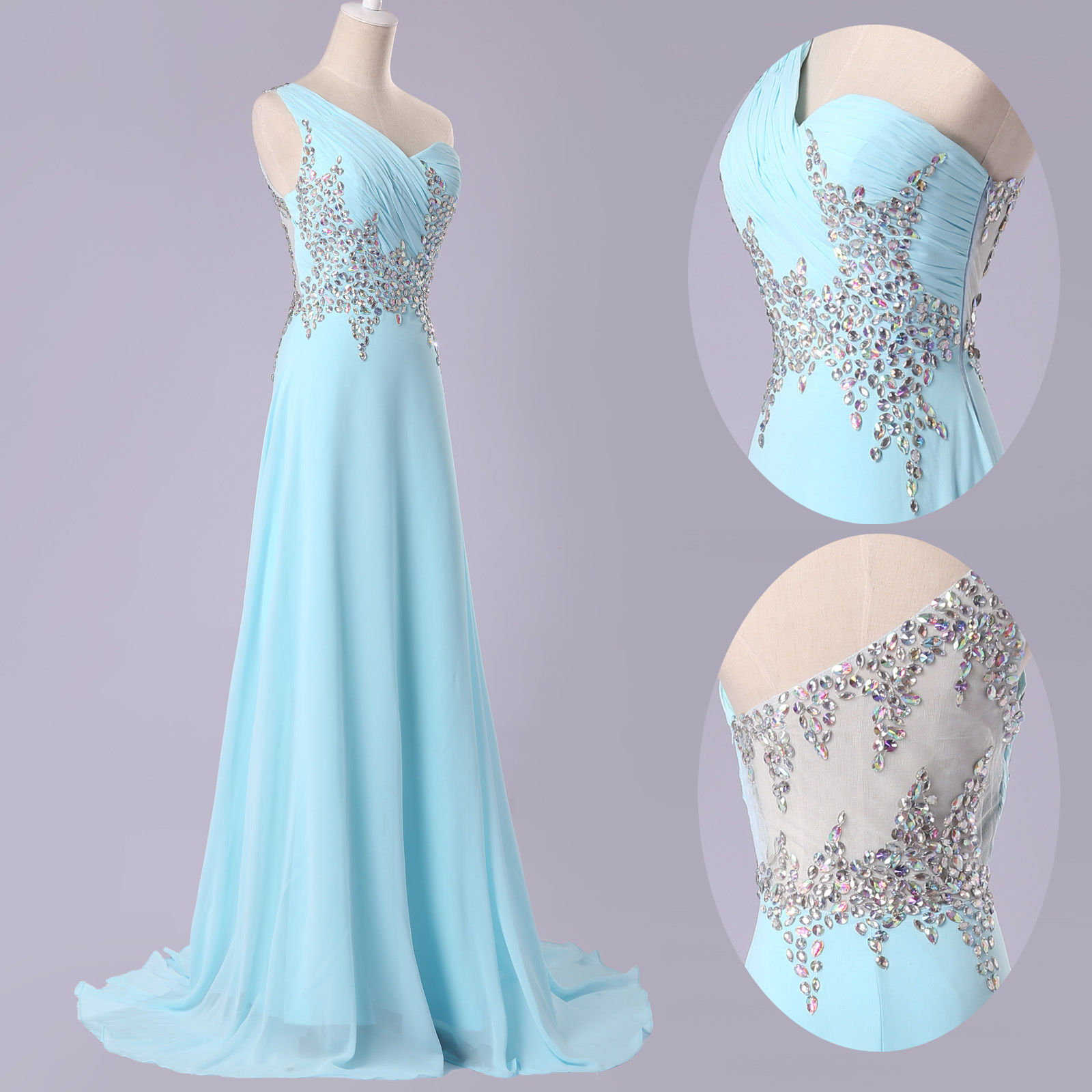 A-line One Shoulder Sleeveless Sweep / Brush Train 100D Chiffon Evening Gown With Crystal 2