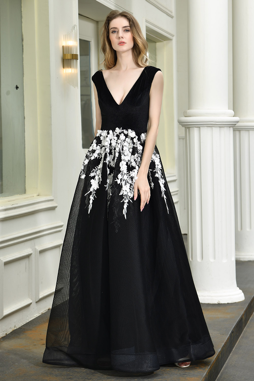 A-line Plunging Neckline Sleeveless Sweep / Brush Train Velvet Evening Dress With Lace 7