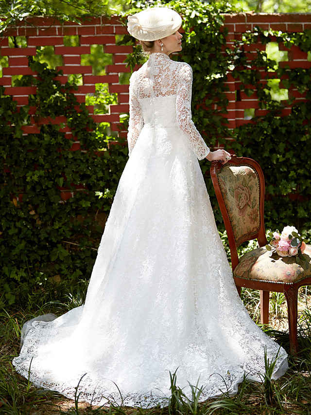 A-line Long Sleeves Court Train Lace Bridal Gown With Lace 2