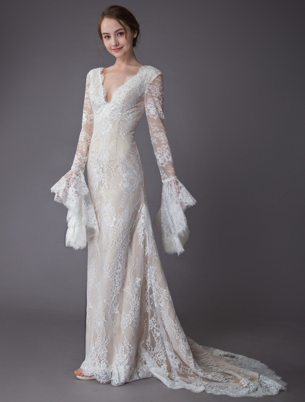 Column Plunging Neckline Long Sleeves Court Train Lace Bridal Dress With Lace 3