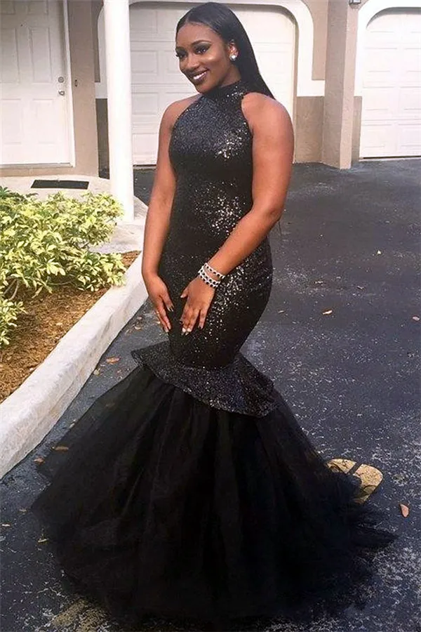 Mermaid High Neck Sleeveless Sweep / Brush Train Tulle Evening Dress With Sequins 1