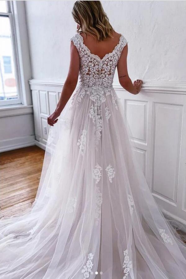 A-line V-neck Sleeveless Chapel Train Tulle Bridal Gown With Appliques 2