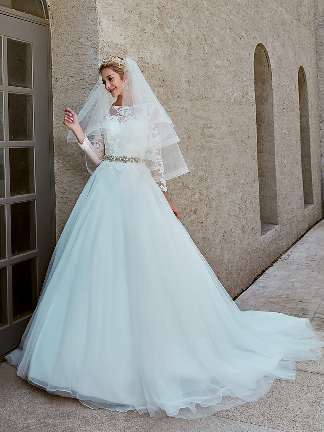 Ball Gown Bateau Neck Long Sleeves Chapel Train Tulle Bridal Gown With Lace 10