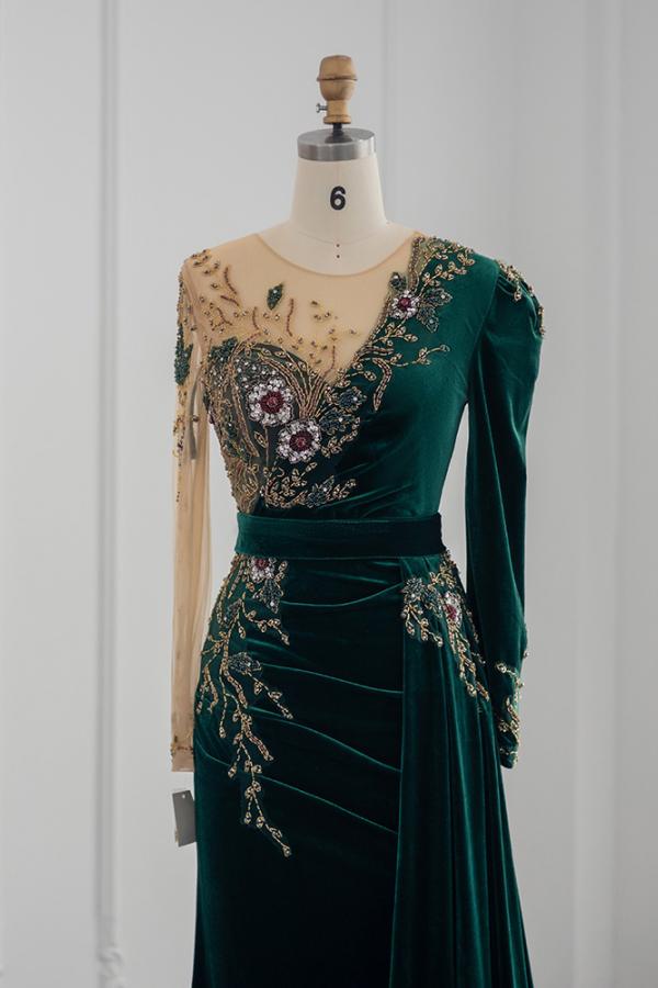 Dark Green Long Sleeve Jewel Mermaid Evening Dress Prom Gown 2