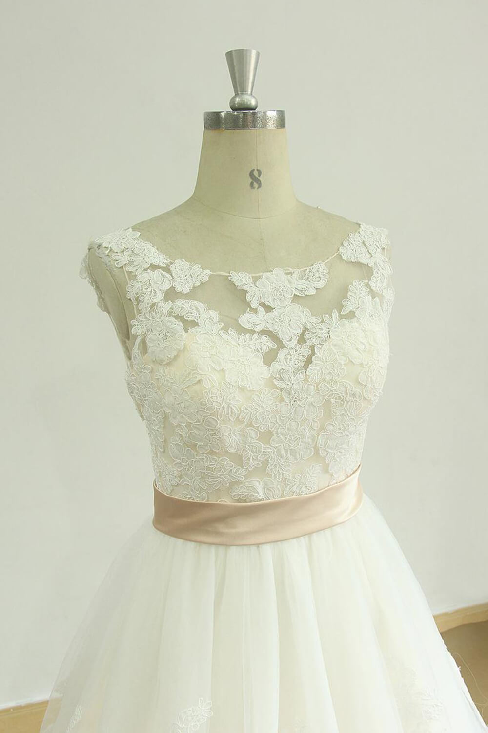 A-line Jewel Neck Sleeveless Chapel Train Tulle Bridal Attire With Ribbons 3