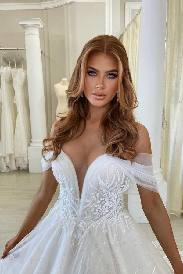 A-line Off-the-shoulder Long Sleeves Chapel Train Lace Bridal Gown With Lace 2