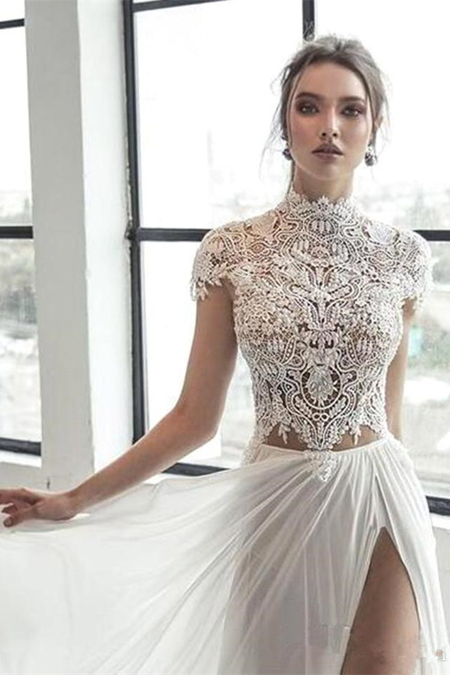 A-line High Neck Cap Sleeves Sweep / Brush Train Lace Bridal Gown With Lace 4