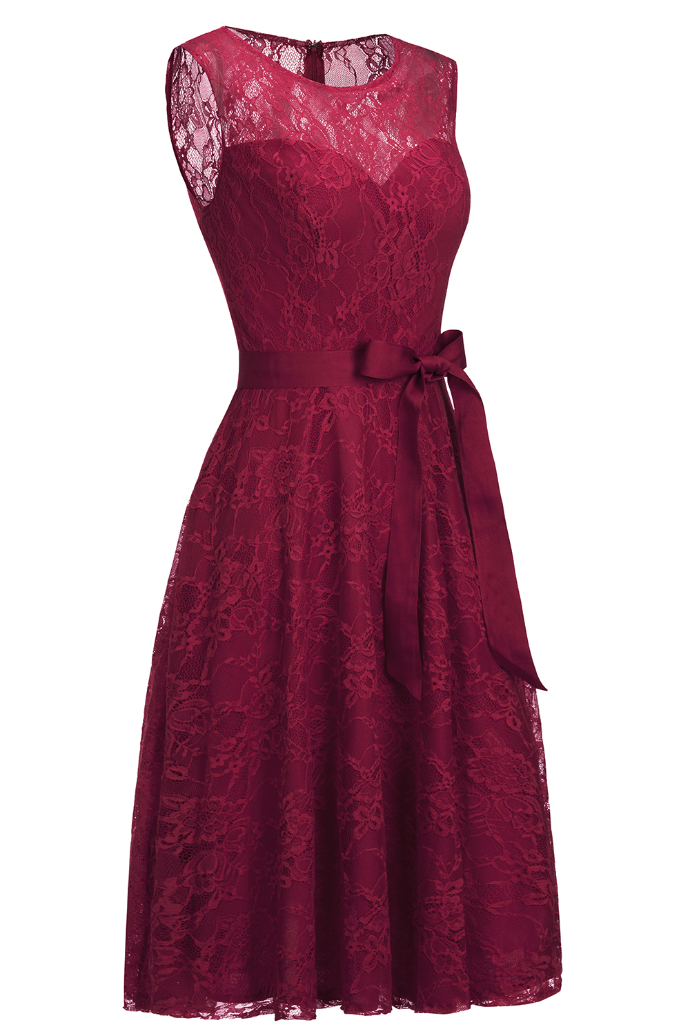 A-line Jewel Neck Sleeveless Knee-length Lace Bridesmaid Dress With Ribbons 6