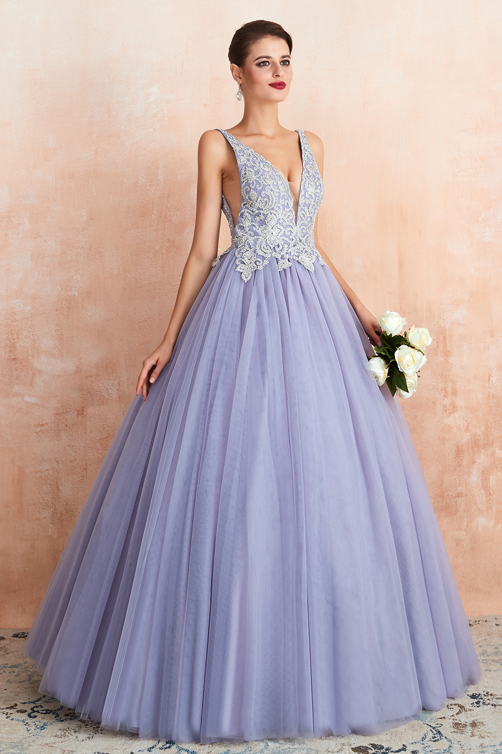 A-line Plunging Neckline Sleeveless Sweep / Brush Train Tulle Formal Wear With Rhinestone 4